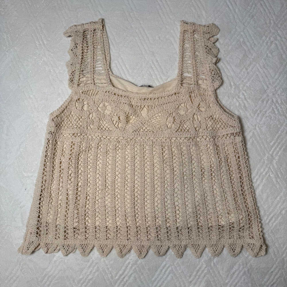 Boho Romantic Design History XXL Crochet Lace Tank Top Cotton Ivory Lined